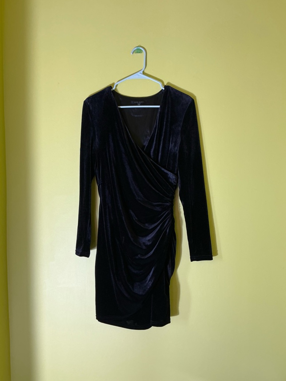 Alex Marie Nikki Black Velvet V-Neck Long Sleeve Ruched wrap Dress